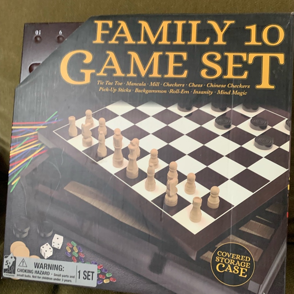 Family 10 Game Set with Wooden Chess and Checkers - Black and Brown